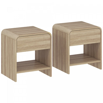 HOMCOM Nightstand Set of 2, Bedside Table with Rounded Corners, Natural