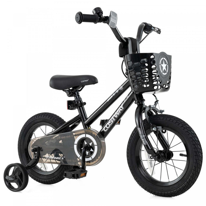 Costway 12\" Kid's Bike With Training Wheels Adjustable Handlebar & Seat Handbrake Black