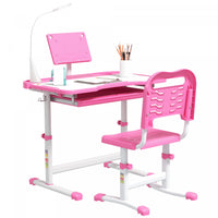 Qaba Kids Desk And Chair Set Height Adjustable Student Writing Desk Children School Study Table With Tilt Desktop, Led Lamp, Pen Box, Drawer, Reading Board, Cupholder, Pink