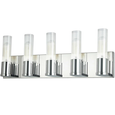 Dainolite Tube 5 Light Vanity Light Polished Chrome Clear Fluted Glass Lamp|Lumière de coiffeuse Tube de Dainolite en verre cannelé transparent, avec fini chromé poli et 5 ampoules