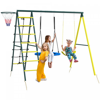 Outsunny 5 In 1 Swing Set For Kids With Saucer Swing, Seat, Climbing Ladder/net, Basketball Hoop, Me|Outsunny Balancoire 4 En 1 Pour Enfants Avec Balancoire Soucoupe, Siege, Echelle D'escalade/filet, P