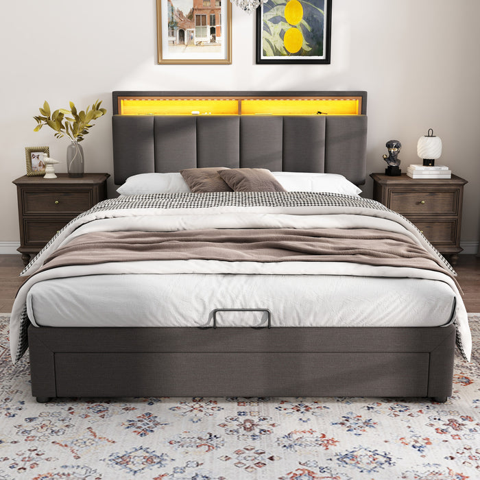 Kelly Upholstered Hydraulic Storage Bed with LED Lighting Headboard and Built-in Drawers,Queen Size,Grey Queen Bed
