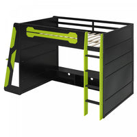 Olivia Wood Loft Bed with Desk and Multi-storage Shelves,RGB Light,Green Full Bed 
