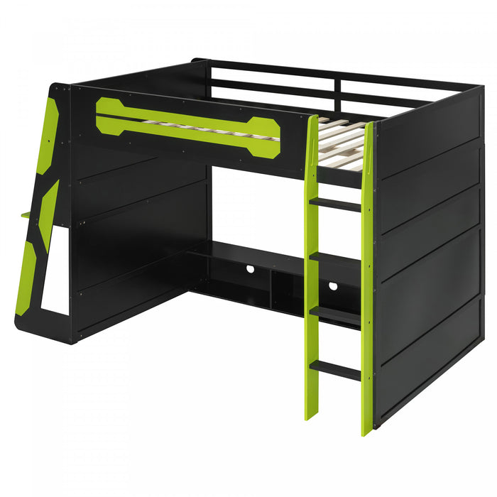 Olivia Wood Loft Bed with Desk and Multi-storage Shelves,RGB Light,Green Full Bed