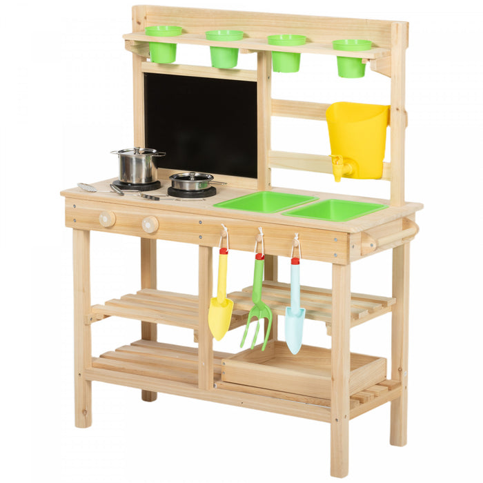 Qaba Kids Mud Kitchen, Outdoor Wooden Play Kitchen with Planter Box, Blackboard, Sink, Faucet, Stoves, Storage Shelves, Cooking Accessories & Gardening Tools for Girls Boys Age 3-6