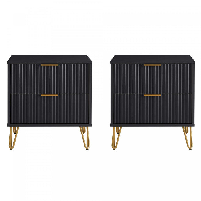 Dumbo Modern 20\" Fluted Nightstand in Black (2-Drawer) - Set of 2