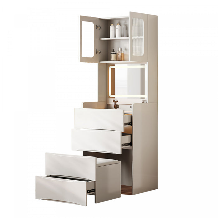 Emily 3-in-1 Vanity Table Set with LED Mirror and Storage,White Mirror Cabinet