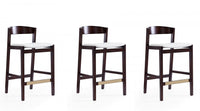 Klismos Mid-Century Modern Wood Upholstered Counter Stool in Ivory - Set of 3 