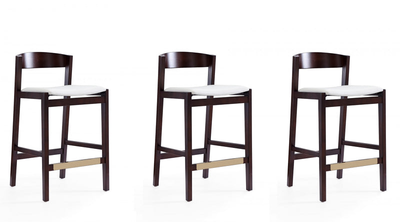 Klismos Mid-Century Modern Wood Upholstered Counter Stool in Ivory - Set of 3