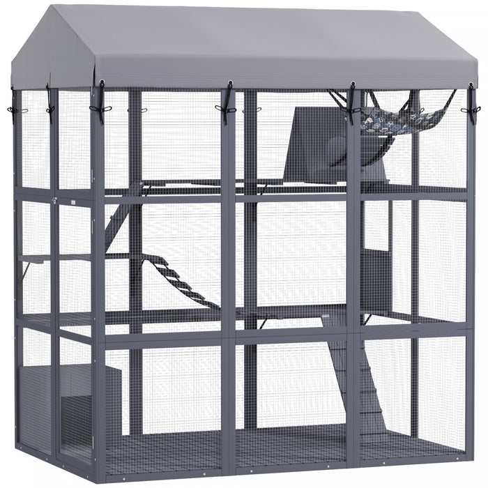 Pawhut Large Cat House With Anti-escape Floor, 81\" H Wooden Catio Outdoor Cat Enclosure With Waterproof Cover, Walk In Door, Condo, Hammock, Ramp, Bridge, For 2-4 Cats