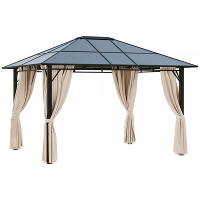 Outsunny 10' X 12' Outdoor Hardtop Gazebo With Polycarbonate Panel Roof, Garden Deluxe Pavilion Cano|Outsunny Pavillon De Jardin Tonnelle Rigide Dim. 12'l X 9.75'l X 8.75'h Rideaux Lateraux Anti-uv Bei