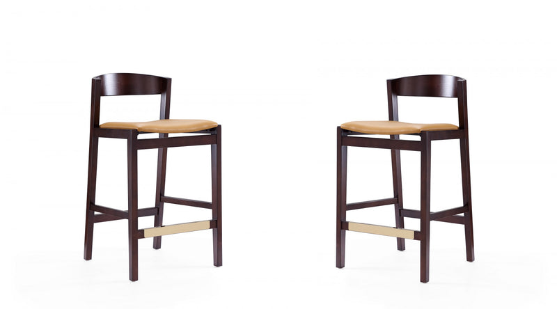 Klismos Mid-Century Modern Wood Upholstered Counter Stool in Camel - Set of 2