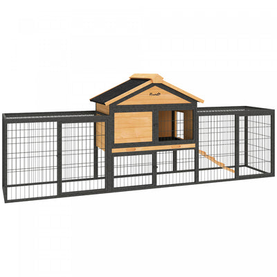 PawHut Rabbit Hutch Outdoor, 85"L Large Wooden Bunny Cage with Run Box, Removable Plastic Tray, Asphalt Roof, Ramp, Guinea Pig Cage for 2-3 Small Animals Backyard Garden, Yellow