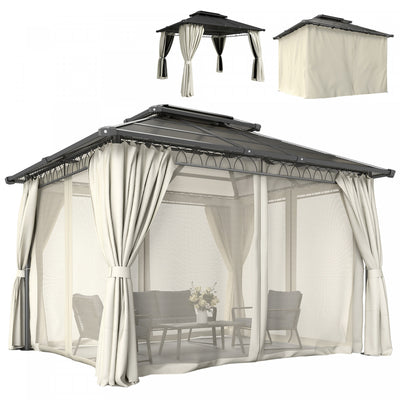 Outsunny 10' x 12' Double Roof Hardtop Gazebo with Curtains, Beige