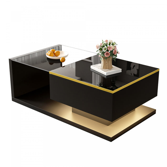 Ethan High-Gloss 35.4\" Long Coffee Table with Glass and LED Effect,Black