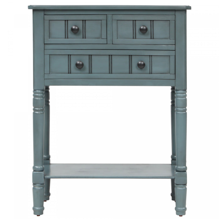Olivia Solid Wood Console Table With Drawers And Bottom Shelf - Blue