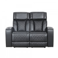 Kingsley 58 in. Leather Match Power Reclining Loveseat with Armrest Storage and USB - Black 