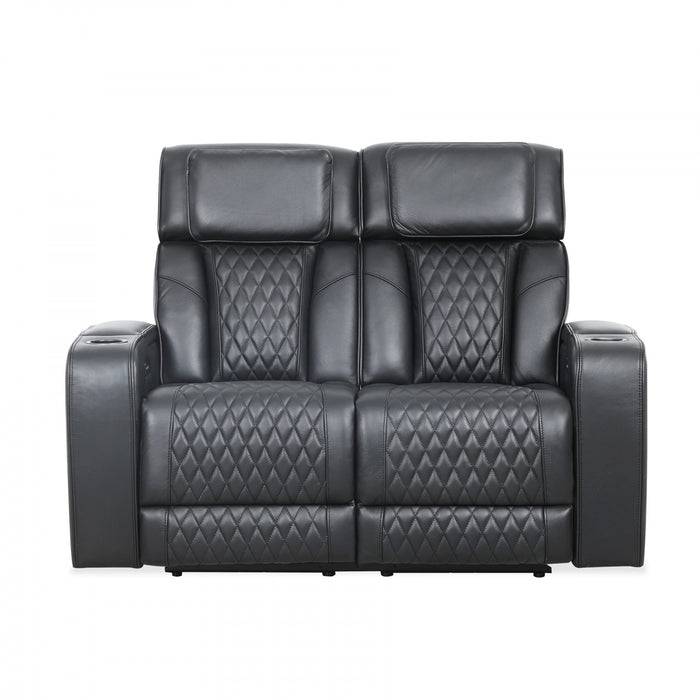 Kingsley 58 in. Leather Match Power Reclining Loveseat with Armrest Storage and USB - Black