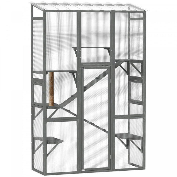 PawHut Catio Outdoor Cat Enclosure, Large Wooden Cat House with 6 Platforms, Scratching Post, 2 Ramps, Waterproof Roof, Walk-in Kitty Cage for 2–3 Kittens, 64\" x 24\" x 99\", Grey