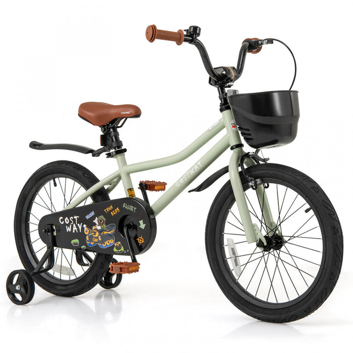 Costway 16\" Kid's Bike With Training Wheels Adjustable Handlebar & Seat Handbrake Green
