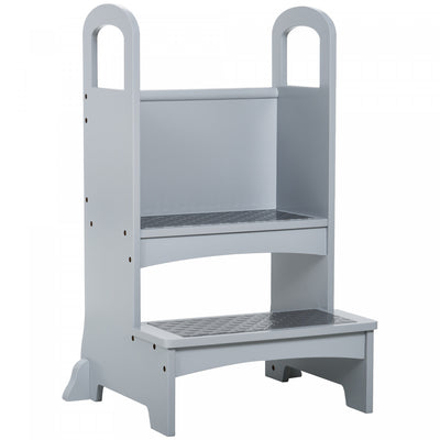 Qaba 2 Step Stool Kids Kitchen Helper With Support Handles And Non-slip Pad For Kitchen, Living Room|Qaba Marchepied Avec 2 Marches, Poignees De Soutien Et Marchepied Antiderapant En Bois Dur Pour Adul