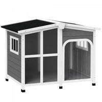 Pawhut Large 42in Wooden Dog House Outdoor With Removable Bottom, Cabin Style Raised Pet Kennel, With Openable Asphalt Roof, Door Curtain, Side Windows For Large Dog, Dark Grey