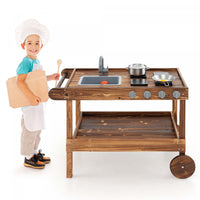 Costway Kids Wooden Mud Play Kitchen Cart With Sink, 4 Stoves & Storage Shelf Natural