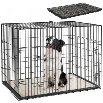 PawHut Dog Crate, 35" Folding Metal Dog Kennel with 2 Doors, Removable Tray, Soft Cushion, Handle, Pet Cage for Large Medium Breeds, Black