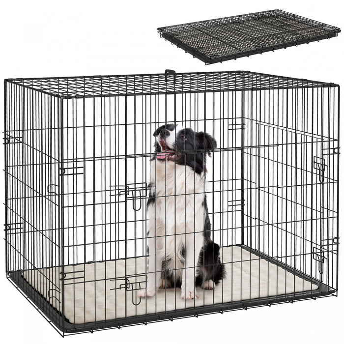 PawHut Dog Crate, 35\" Folding Metal Dog Kennel with 2 Doors, Removable Tray, Soft Cushion, Handle, Pet Cage for Large Medium Breeds, Black