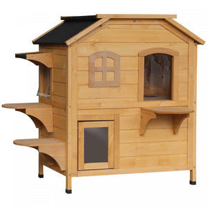 Pawhut Wood Outdoor Cat House 2-stories Catio For Cats With Indoor Lounge Space, Fun Entrances, Yellow