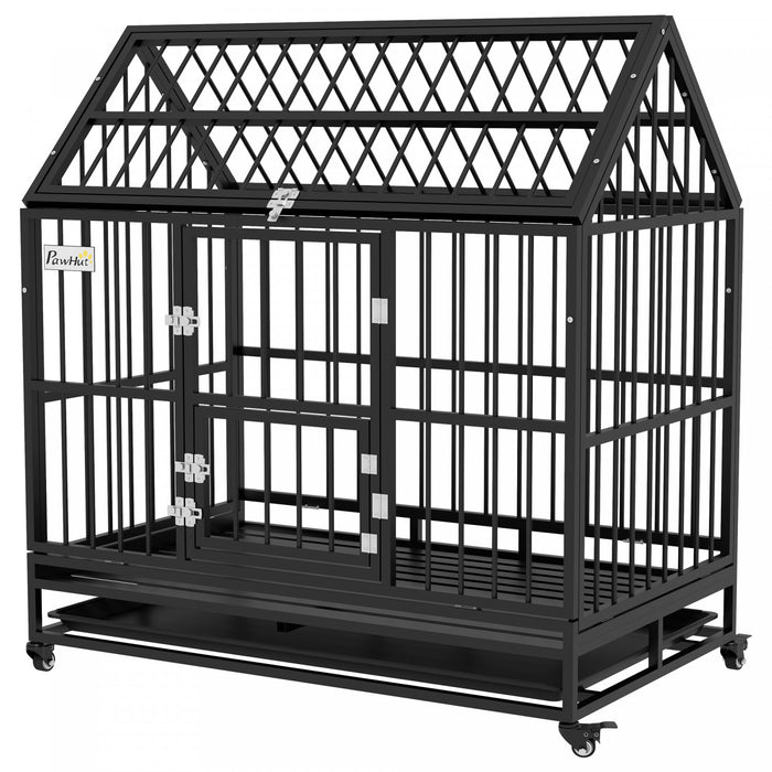 Pawhut 49\" Heavy Duty Dog Crate, Metal Dog Kennel Cage With Openable Roof, Removable Tray, Doors, Wheels For Large And Extra Large Dogs, Black