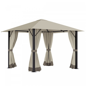 Outsunny 10' X 10' Patio Gazebo Outdoor Aluminum Frame Canopy Shelter With Curtains, Vented Roof For Garden, Lawn, Backyard And Deck, Khaki