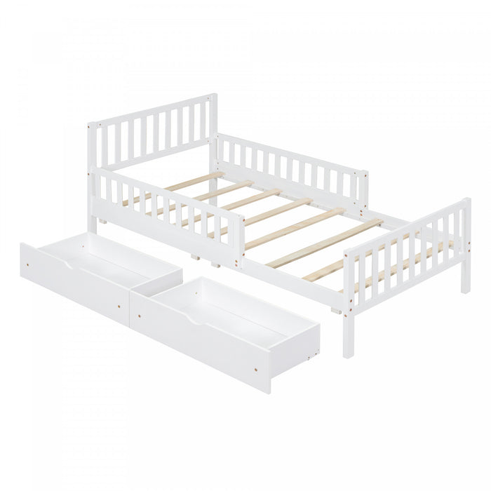 Emma Wood Platform Bed with Guardrails and Storage Drawers,Twin Size - White