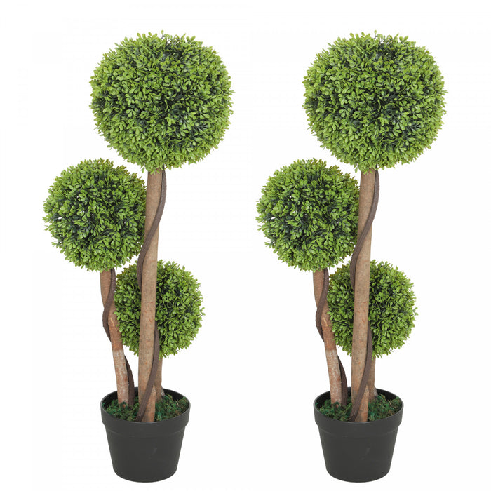 HOMCOM 35 Inch Artificial Boxwood Triple Ball Topiary Trees Set of 2, Green
