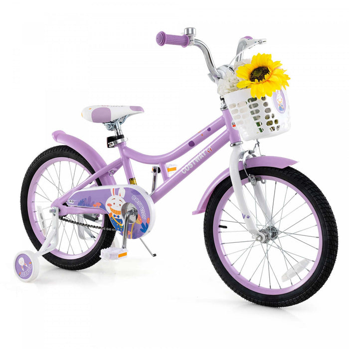 Costway 18\" Girl Bike With Basket Detachable Training Wheels Adjustable Seat Handbrake Coaster Brake Purple