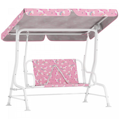 Qaba Kids Porch Swing, 2-Seater Patio Swing Bench Hammock with Safety Belts, Adjustable Canopy, Indoor Outdoor for Backyard, Garden, Poolside, Playroom (Pink, Unicorn & Rainbow)