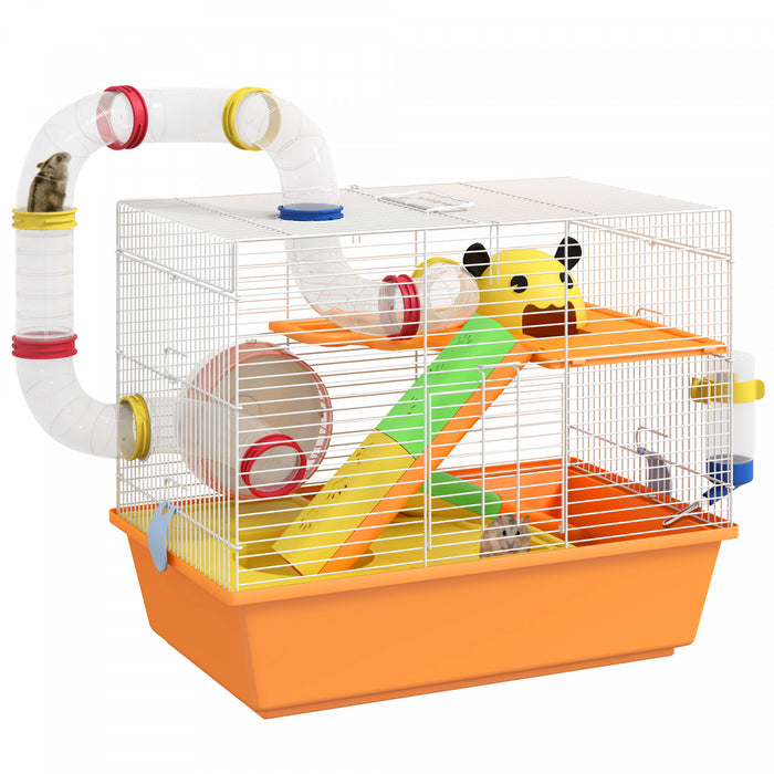 Pawhut Hamster Cage 3 Tiers Small Animal House For Dwarf Hamster Gerbil Cage With Complete Tunnels, Water Bottle, Exercise Wheel, Food Dish, Ramps, Hut, 18\" X 11\" X 15\" - Orange
