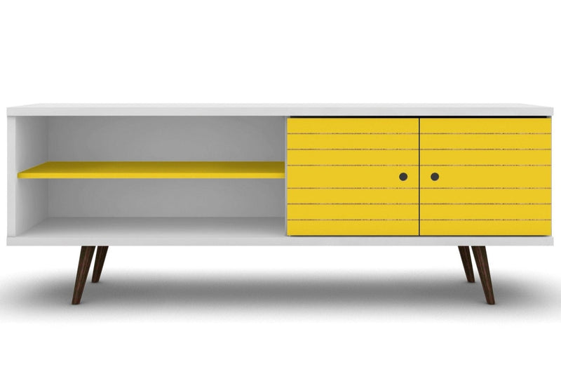 Manhattan Comfort Liberty 62.99\" Mid-Century Modern TV Stand with 3 Shelves & 2 Doors - White & Rustic Brown