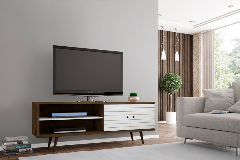 Manhattan Comfort Liberty 62.99\" Mid-Century Modern TV Stand with 3 Shelves & 2 Doors - Rustic Brown & Aqua Blue