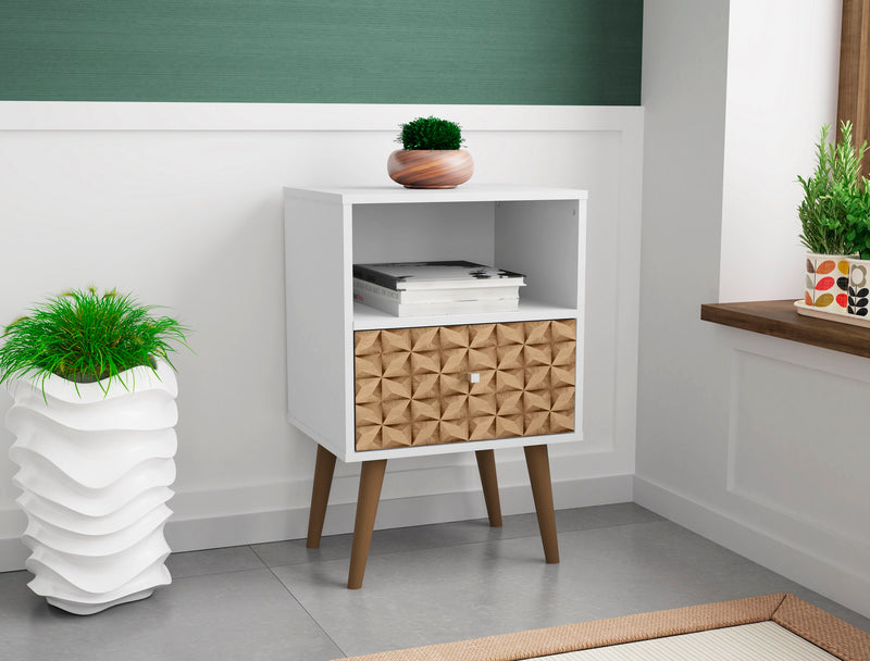 Manhattan Comfort Liberty Mid-Century Modern Nightstand with Cubby Space & Drawer - White & Brown