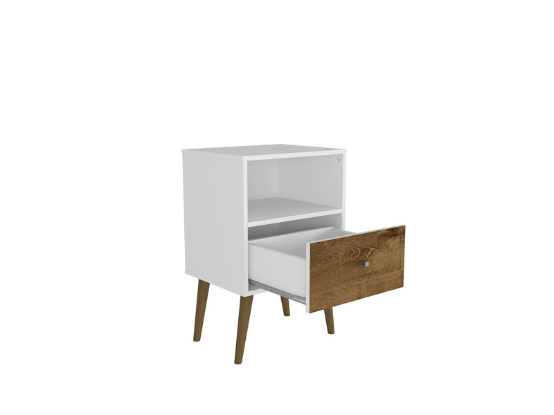 Manhattan Comfort Liberty Mid-Century Modern Nightstand with Cubby Space & Drawer - White & Rustic Brown