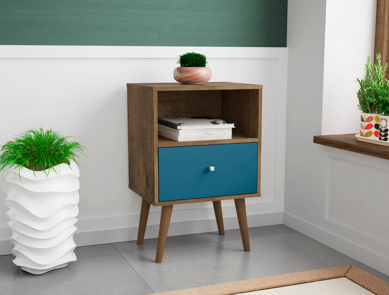 Manhattan Comfort Liberty Mid-Century Modern Nightstand with Cubby Space & Drawer - Rustic Brown & Aqua Blue