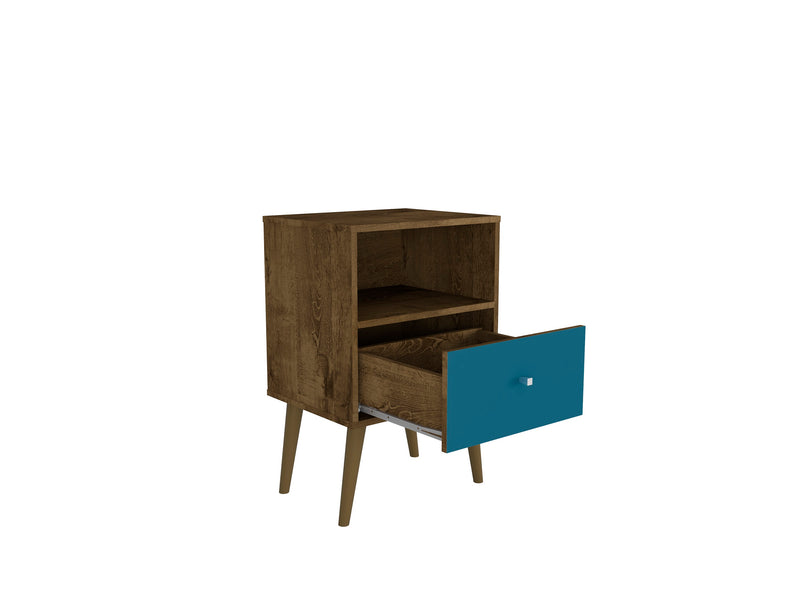 Manhattan Comfort Liberty Mid-Century Modern Nightstand with Cubby Space & Drawer - Rustic Brown & Aqua Blue