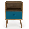 Manhattan Comfort Liberty Mid-Century Modern Nightstand with Cubby Space & Drawer - Rustic Brown & Aqua Blue