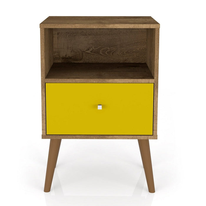Manhattan Comfort Liberty Mid-Century Modern Nightstand with Cubby Space & Drawer - Rustic Brown & Yellow