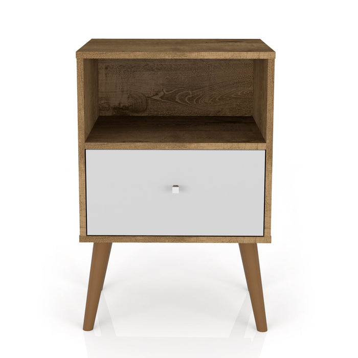 Manhattan Comfort Liberty Mid-Century Modern Nightstand with Cubby Space & Drawer - Rustic Brown & White