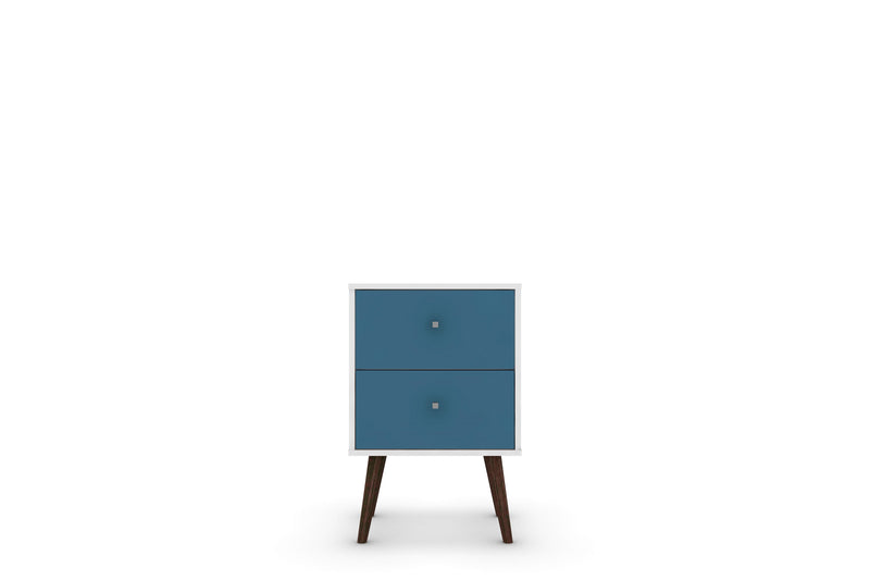Manhattan Comfort Liberty Mid-Century Modern Nightstand with 2 Full Extension Drawers - White & Aqua Blue