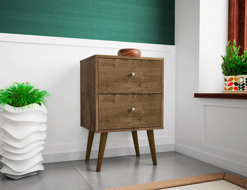Manhattan Comfort Liberty Mid-Century Modern Nightstand with 2 Full Extension Drawers - Rustic Brown