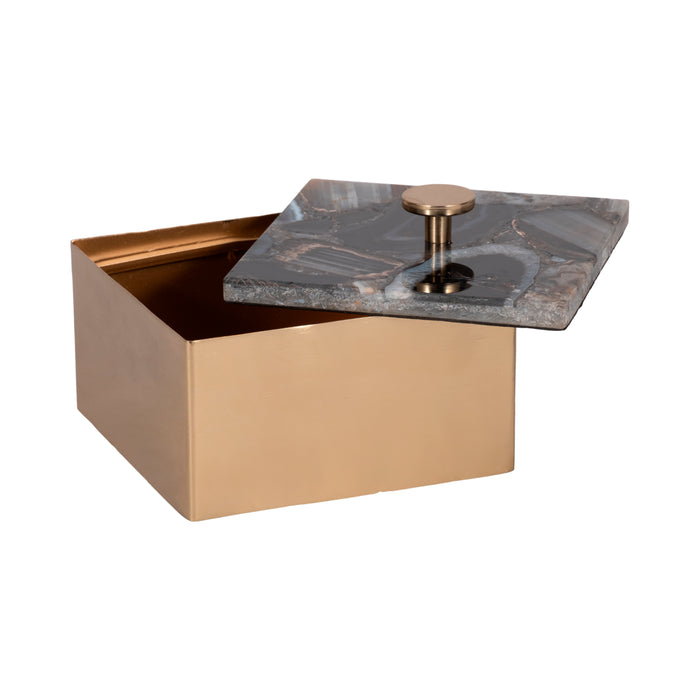 Metal 6\" Trinket Box with Agate Lid - Gold and Black