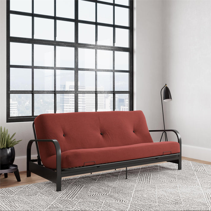 Dorel Home Cleo Black Metal Arm Full Size Futon Frame with 6\" Thermo-bonded High-Density Polyester Fill Mattress - Red